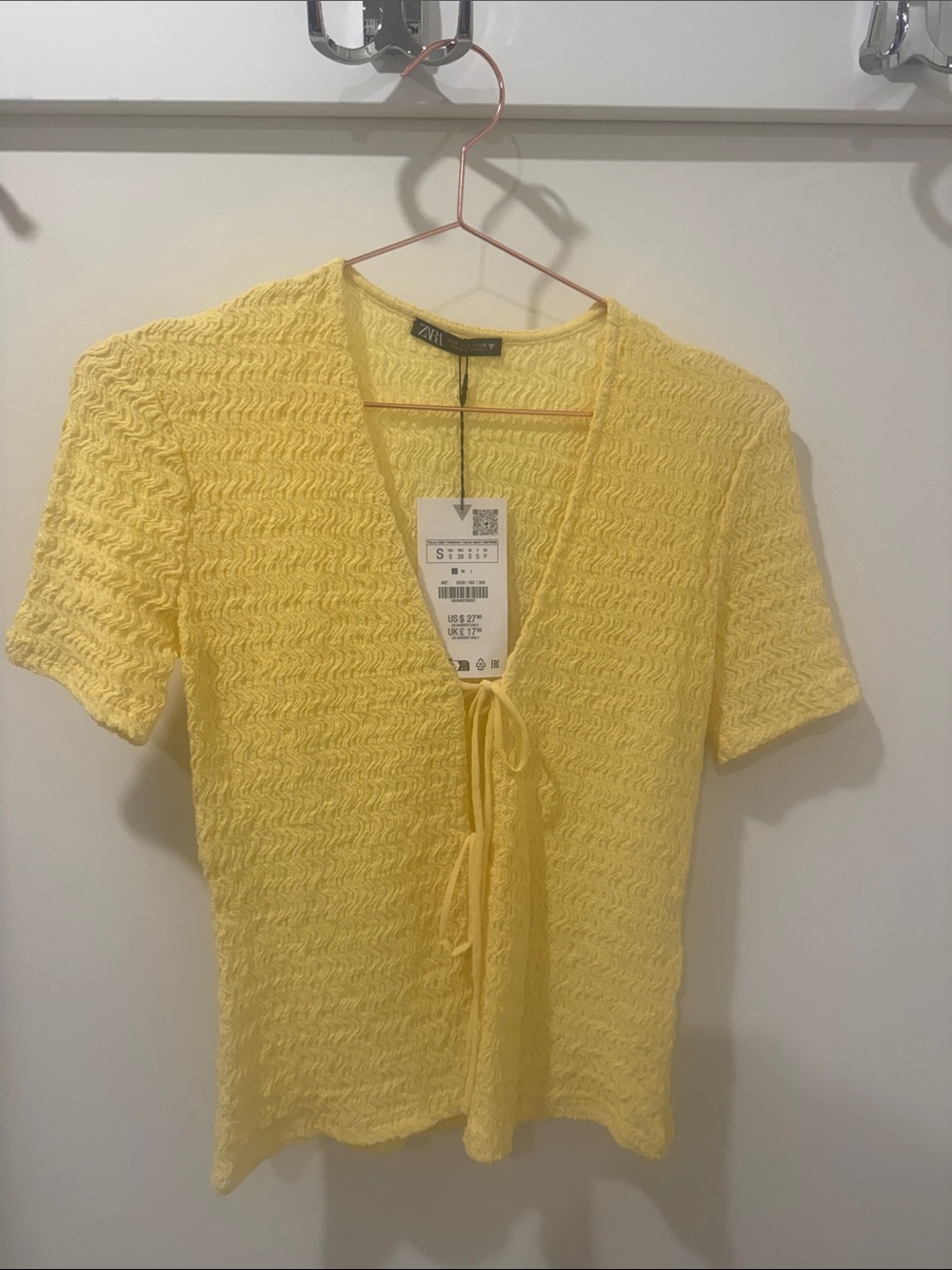 Zara Yellow Tie-Front Textured Knit Top